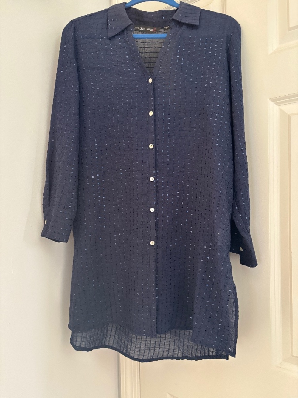 New Colleen Lopez Coastal Navy Sequin Sheer Crinkle Button Down Tunic Top Sz L